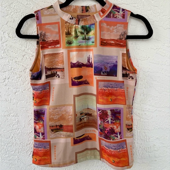 33 Coastal Mesh High Neck Colorful Tank Top Beach Scene Graphic Top Medium - Picture 4 of 12